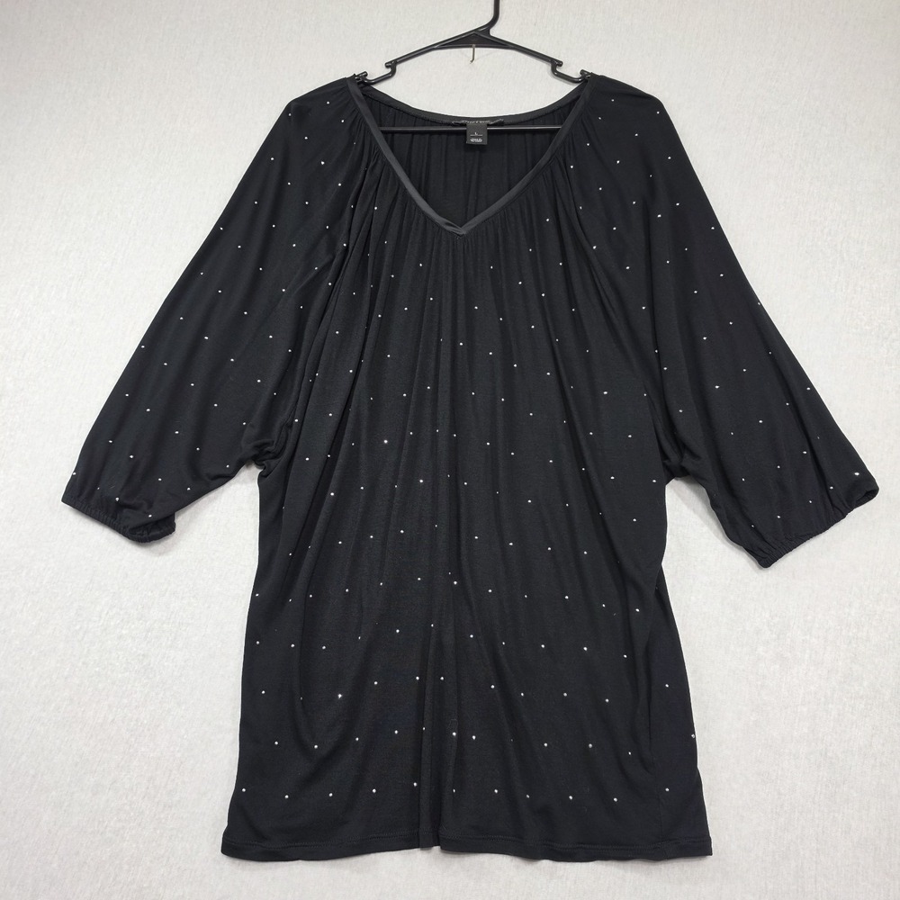 White House Black Market Rhinestone Dolman Blouse Black V-Neck Modal Top L